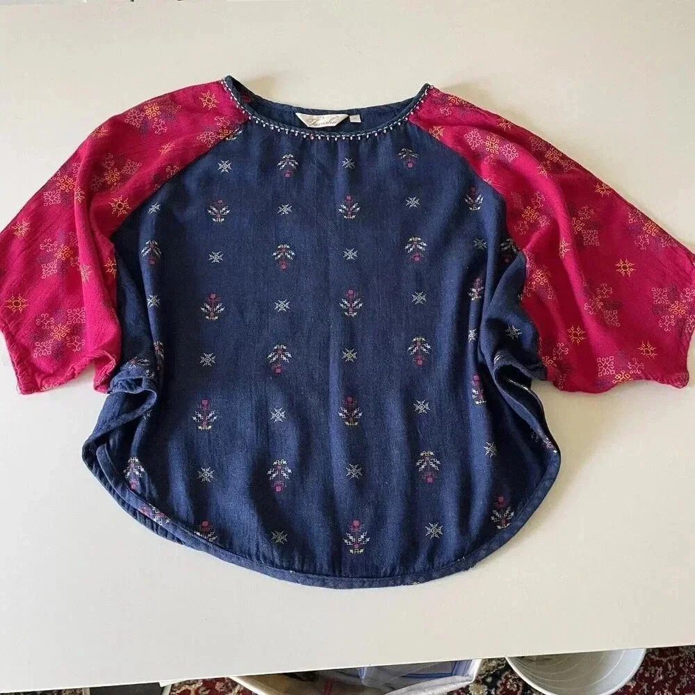 Tavisha Women’s Boho Top Medium Crop Blue/Fuschia Beaded Festival Hippie Casual - Picture 3 of 12